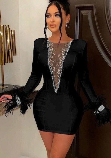 Nnstartshopping Kadın Dalgıç Kumaş Tül Ve Taş Aksesuarlı Kolları Tüylü Mini Boy Elbise Siyah