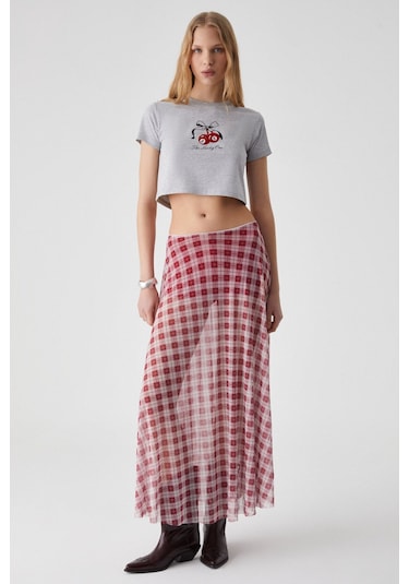 GRIMELANGE Julıano Kadın Yüksek Bel Çizgili Oversize Kırmızı Etek Kırmızı