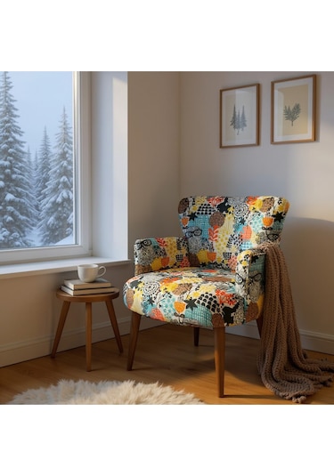 Roma Modern Tekli Koltuk Berjer - Dijital Baskılı Kumaş - Ahşap Ayak - Baykuş Desen Baykuş