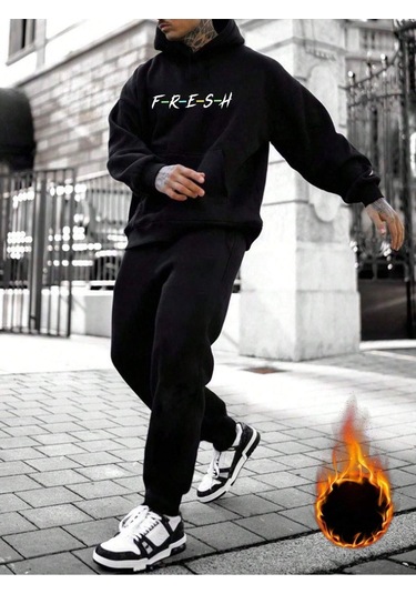 Fresh Eşofman Takımı Sweatshirt Jogger - Siyah Baskılı Şardonlu Kapüşonlu Siyah