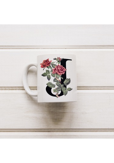 J Baş Harf Kırmızı Güller İle Sarılı Bardak 330 Ml Kişiye Özel Çiçekli Hediye Beyaz