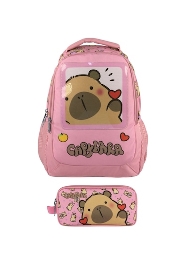 Capybara Kız Çocuk İlkokul Sırt Çantası Ve İki Gözlü Kalemlik Seti - Pembe - Setcpb5212c Çok Renkli