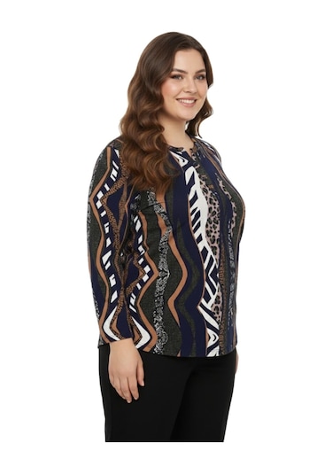 Linsolita Kadın V Yaka Baskılı 2 Düğmeli Bluz Bgl-st05096 Lacıvert