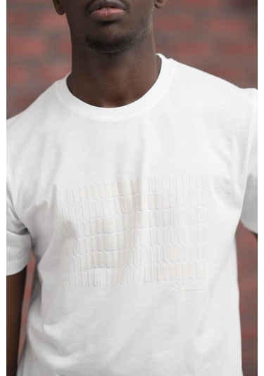 Slim Fit Pamuklu Önü Baskılı Sıfır Yaka T-shirt Beyaz