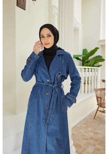 Neways 6458-Battal Allerli Denim Trençkot Koyu Mavi Mavi