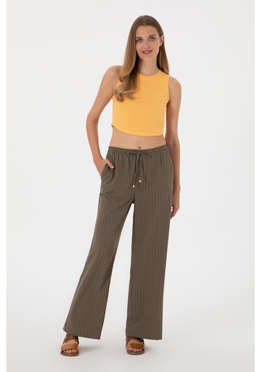 U.S. Polo Assn. Kadın Vizon Çizgili Loose Relax Fit Kanvas Pantolon 50309105-VR052
