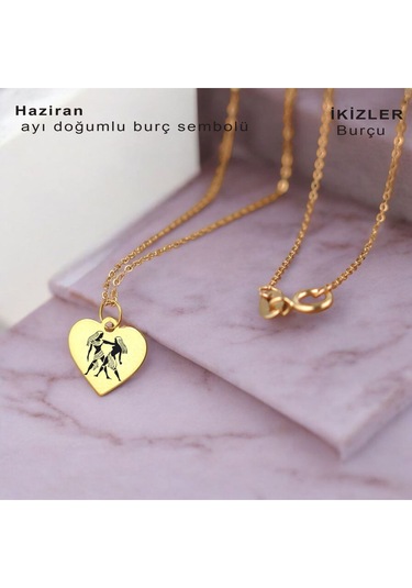 İkizler Burçlarına 14 Ayar Altın Plakalı Kalp Motifli Zincirli Hediyelik Kolye-352burç İkizler