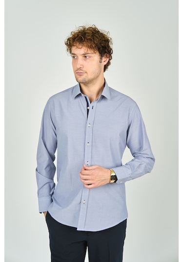 De Leone Erkek Slim Fit Uzun Kollu %100 Pamuk Gömlek 2008 Mavi Mavi
