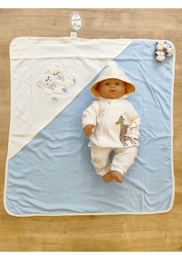 %100 Pamuklu & Mevsimlik Bebek Battaniyesi - Kahverengi & Ayıcık Nakışlı Bebek Örtüsü 80x90 Cm Mavi