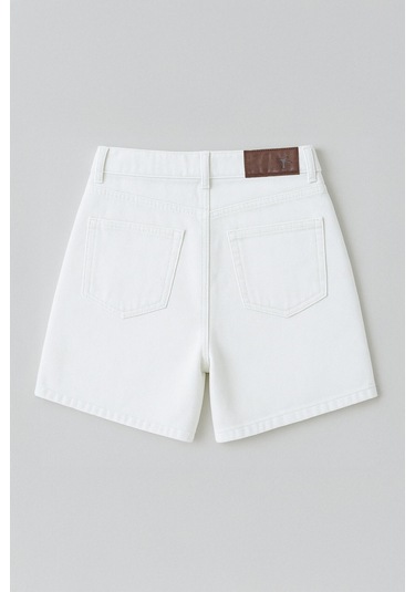 Kadın Yüksek Bel %100 Pamuk Ekru Jean Şort Ekru