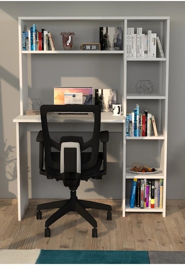 Kitaplıklı Kütüphaneli Çalışma Masası Beyaz