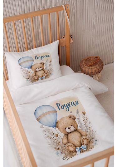 %100 Pamuk Saten Isme Özel Isimli 100x150 Bebek Yatak Nevresim Seti Ayıcık 3