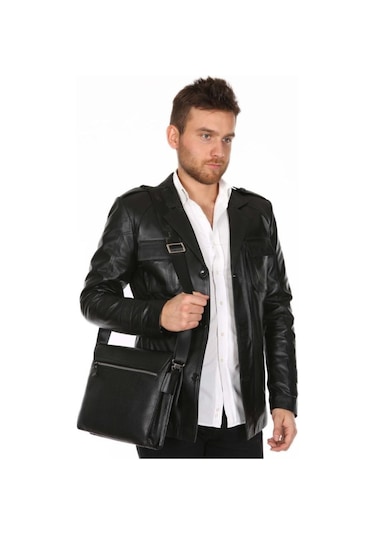 Hakiki Kuzu Derisi Siyah Gömlek Cep Düğmeli Erkek Deri Ceket Siyah