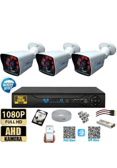 3 Kameralı 500 Gb Hdd 5mp Lensli 1080p Fullhd Kamera Seti - Su Gecirmez- Sabit İp Gerektirmez