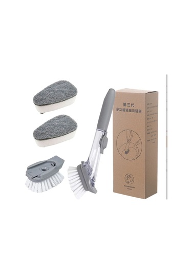 Monyee Otomatik Sabun Dağıtan Mutfak Temizlik Fırçası - Uzun Kolu, 2 Fırça + 2 Sponge Ucu İle Tabak, Tencere Temizliği Kolaylığı - Açık Gri