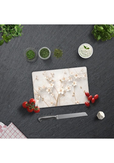Cam Kesme Tablası - Cam Kesme Tahtası Beyaz Çiçek 20cm X 30cm