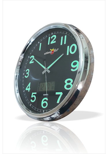 Fosforlu Gece Görünen 32 Cm Ters Çalışan Sessiz Siyah Duvar Saati Siyah - Gümüş