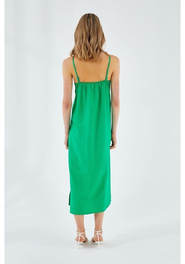 4252 Kadın İp Askılı V Yaka Elbise Yeşil Yeşil