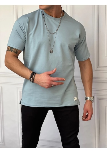 Modefendi Pamuk Likra Yırtmaç Detaylı 2 İplik Oversize Tshirt Mavi