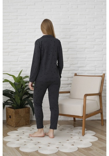 Fames Pijama Uzunkol Düğmeli Penye Pijama Takimi Kalpli Antrasit