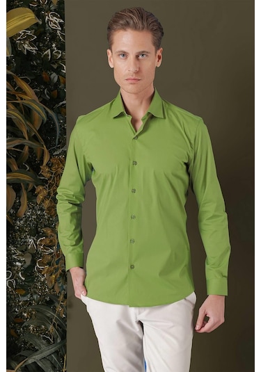 Gk 709 Slim Fit Yeşil Klasik Gömlek Yeşil