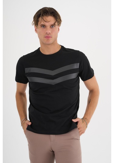Erkek Siyah Baskılı %100 Pamuklu Standart Kalıp T-shirt Beyaz