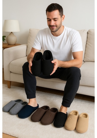 Velvet Erkek Ev Terliği Ses Yapmayan Taban Yünlü Terlik Lacivert