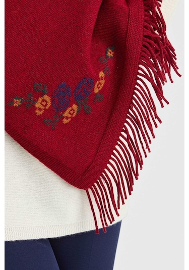 Desen Triko Kadın Triko Kenarı Çiçekli Yün Şal 23224 V.kırmızı Kırmızı