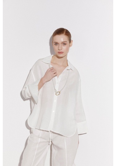 Kadın Keten Gömlek Pantolon Takım Beyaz