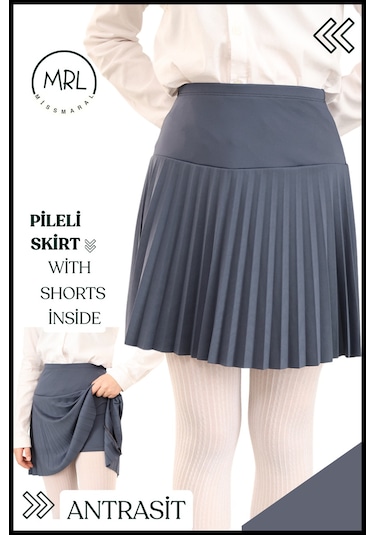 Kız Çocuk Pileli Etek Antrasit Yüksek Bel İçi Şortlu Likra Kumaş Okul-oyun-spor-etkinlik Eteği 4103 Antrasit / Gri