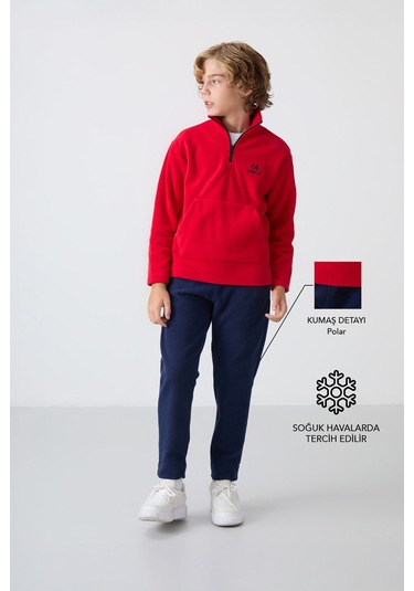 Tommy Life Kırmızı-lacivert Kalın Yumuşak Dokulu Standart Fit Nakışlı Polar Erkek Çocuk Eşofman Takım - 11218 Kırmızı - Lacivert