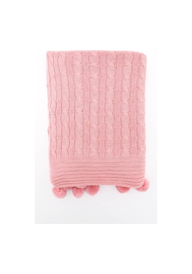 Biocotton Triko Ponponlu Örgü Tv Battaniyesi - Pudra