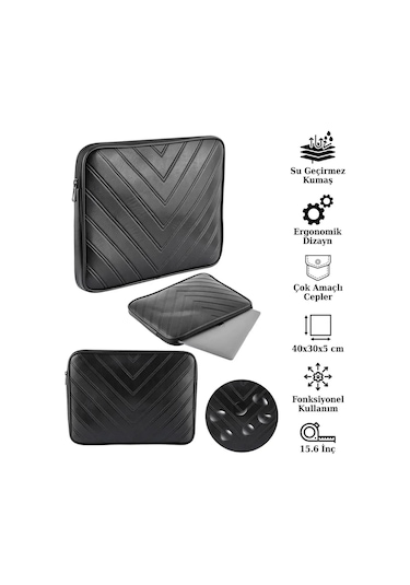 Notebook Laptop Apple Uyumlu MacBook Çantası Suni Deri 15.6" İnç - 800-düz Siyah