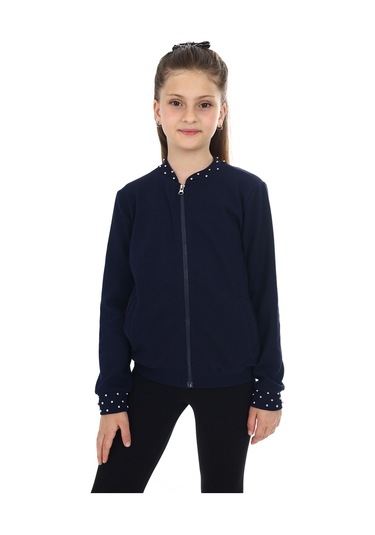 Toontoy Kız Çocuk Kolej Yaka Fermuarlı Cepli Boncuk İşlemeli Örme Hırka - 2 İplik Lacivert