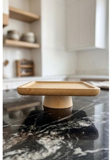 Atbyhome Doğal Ahşap Kare Ayaklı Sunumluk İkramlık Stand 17x17 Cm