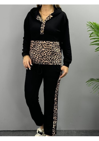 Modaserdem Kadın Uzun Kollu Leopar Detay Sweat Ve Yanı Leopar Şerit Detay Pantolon Ikili Takım Siyah