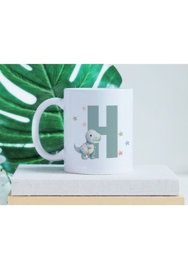 H Harfi Sevimli Dinozor Kupa Bardak - Açık Yeşil Yıldız Detaylı Dino Tasarım - Hediye Beyaz