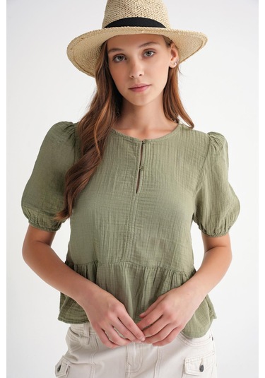 4713 Kadın Beli Büzgülü Kolu Lastikli Bol Müslin Bluz Çağla Çağla