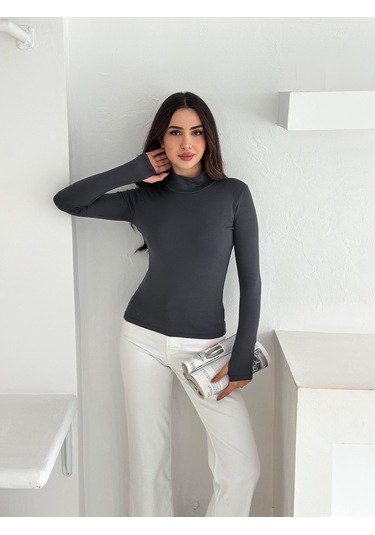 Kadın Yarım Balıkçı Yaka Parmak Geçmeli Full Likralı Buzz Body Antrasit
