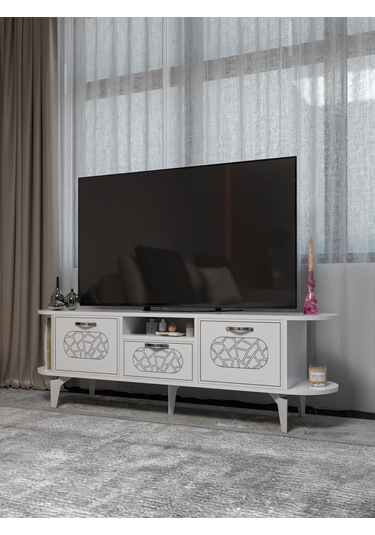 Tv Sehpası Mira Gümüş 5033 Beyaz 160 Cm 35 Cm 50 Cm Metalik