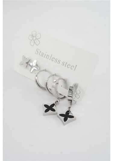 Kadın 316 L Paslanmaz Çelik Kararmaz 6'lı Küpe Seti-5395 Gümüş