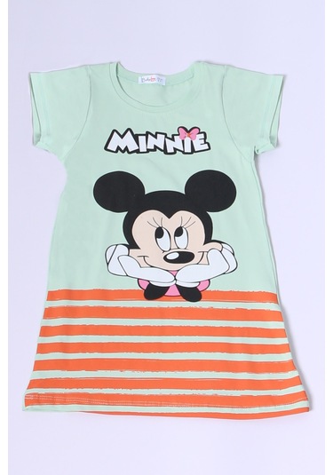 Kız Çocuk Elbise Karakter Baskılı Çizgili A25 Yeşil