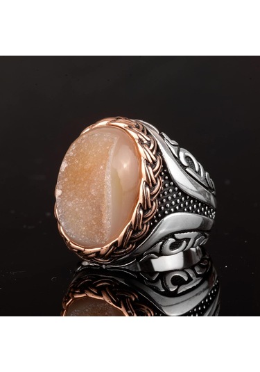 Gerçek Doğal Druzy Kristal Kuvars Taşı Yüzük, Doğum Taşı Yüzüğü, 925 Ayar Gümüş Yüzük Sarı Gümüş