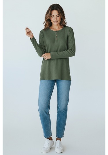 Kadın Yaka Düme Detaylı Mevsimlik Bluz Yeşil