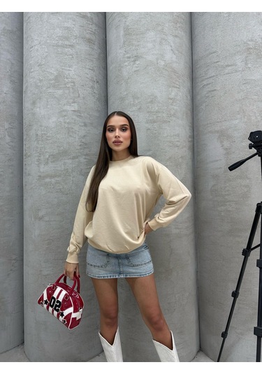 Düz Renk Kadın Sweatshirt Krem