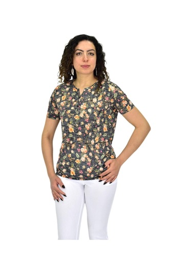 Kadın Kısa Kol Baskılı Bluz Bgl-st04698 Füme