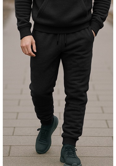 Erkek Paçası Ve Beli Lastikli Üç İplik Şardonlu Eşofman Altı 0341 Siyah Siyah