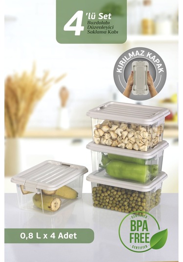 4'lü Set - 800ml Kilit Kapaklı Erzak Saklama Kabı - Difriz Buzdolabı Düzenleyici Saklama Kutusu Bej Bej