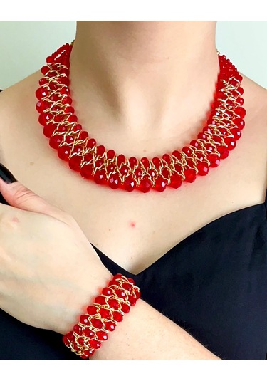 Kırmızı Kristal Taşlı Türk El Yapımı Gerdanlık Kolye Ve Bileklik Kırmızı