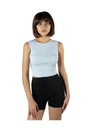 2'li Paket Lila Açık Mavi Fitted/vücuda Oturan Crop Halter Yaka Fitilli Esnek Örme Bluz Atlet Lila Açık Mavi